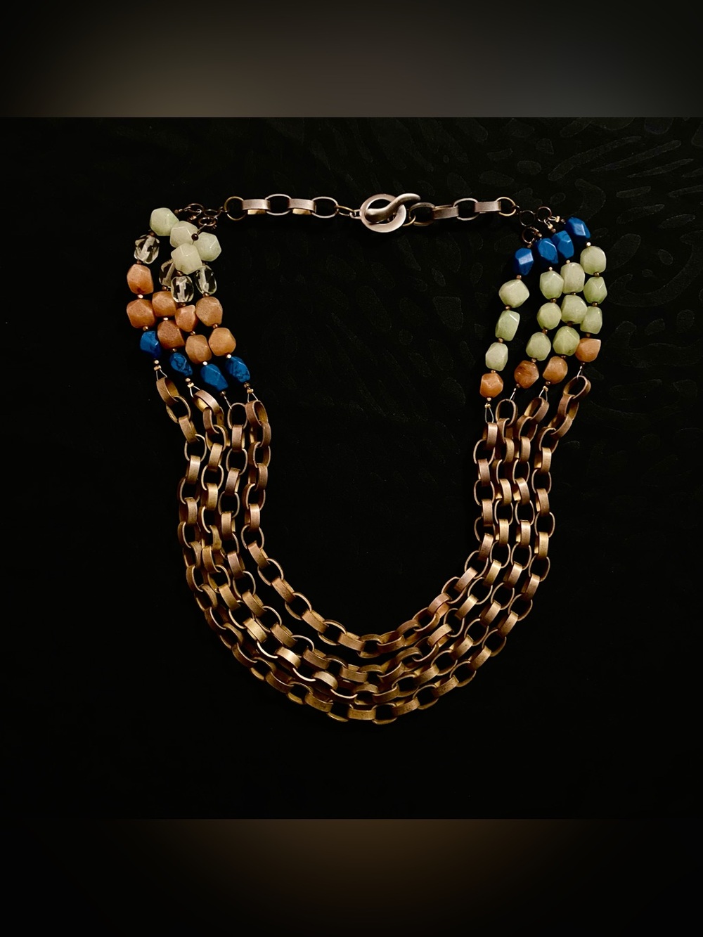 Layered Multi-Strand Bronze Chain Necklace + Blue/Peach/Mint Faceted Beads